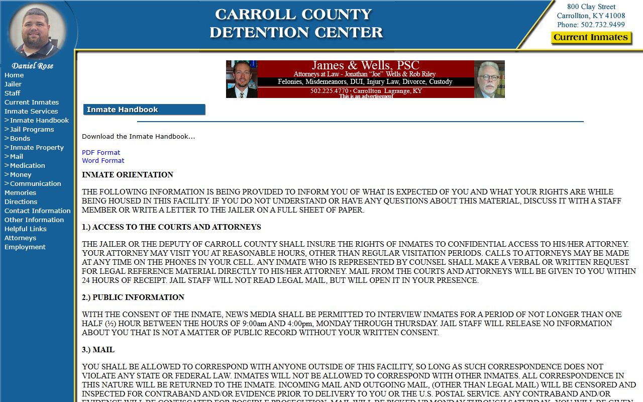 Owen County inmate records Carroll jail handbook visitation and phone rules