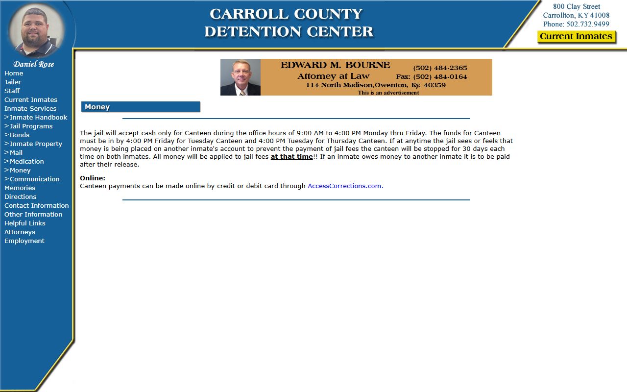 Carroll County Regional Detention Center money and canteen rules for Owen County inmates