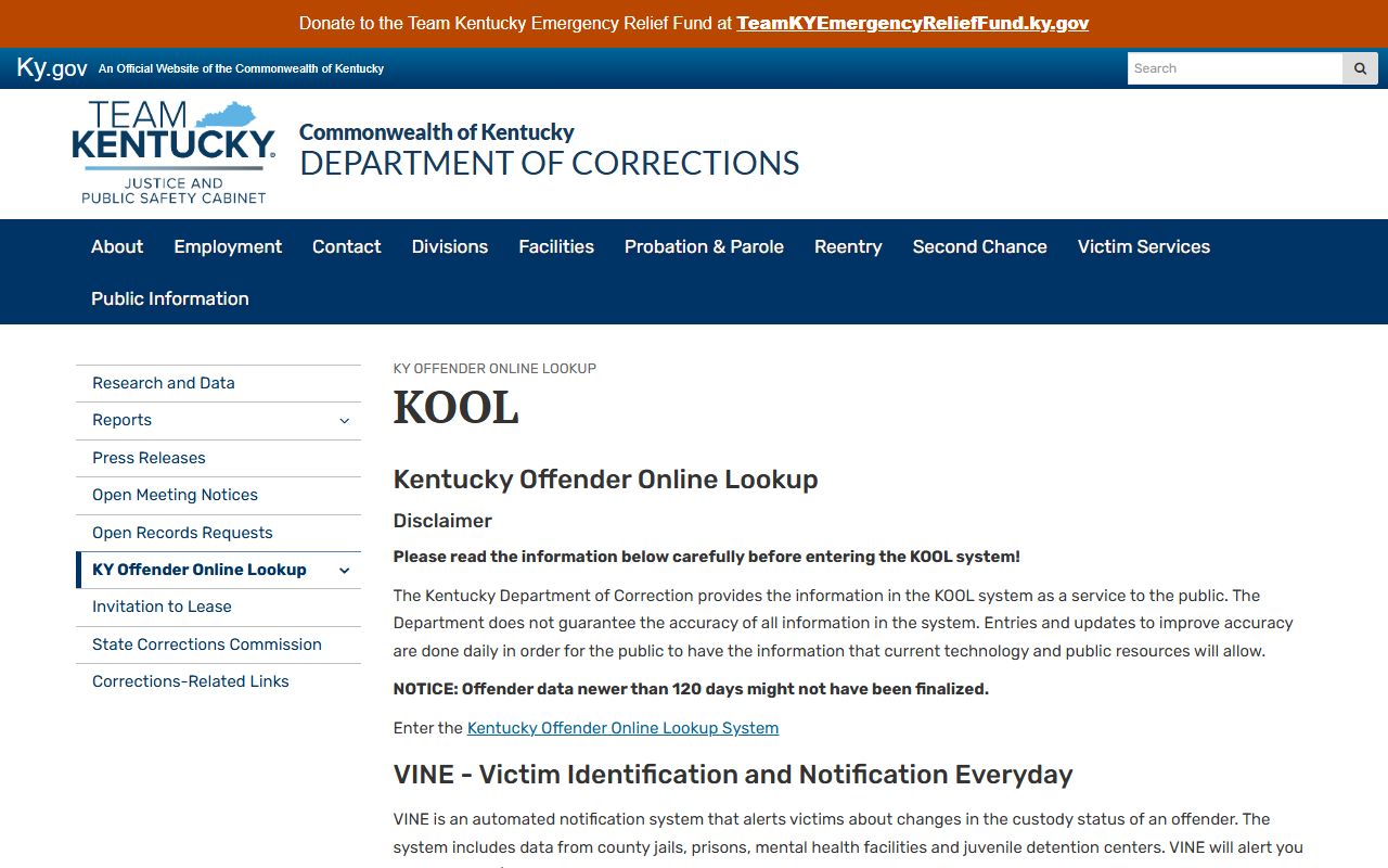 Owen County inmate records Kentucky DOC KOOL and VINE lookup information